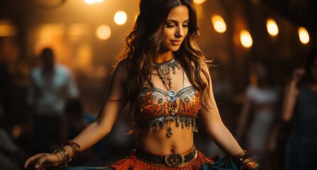A girl with a beautiful body dances a belly dance in oriental attire with jewelry and pendants. Woman with long hair in motion. - obrazy, fototapety, plakaty