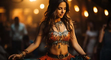 Fotobehang A girl with a beautiful body dances a belly dance in oriental attire with jewelry and pendants. Woman with long hair in motion. © Marynkka_muis_ua