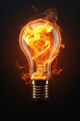 Electric bulb in fire flames on black background. Bright flamy symbol. Energy power and danger concept for design, card, banner