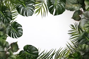 template floral picture frame of monstera tropical leaves on white background