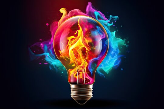 Electric bulb in colorful fire flames on black background. Bright flamy symbol. Energy power. Creative idea or brainstorm concept for design, card, banner