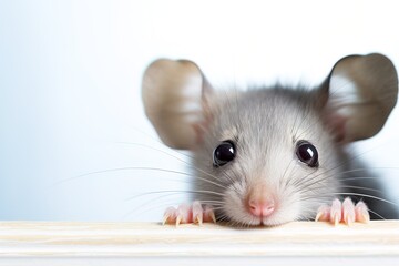closeup portrait of cute gray mouse peeks out on white background