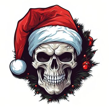 human skull in santa claus hat on white background