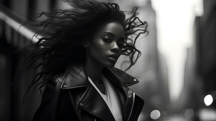 a black female model in a new york street blurry background, in the style of surreal fashion, black and white, monochrome. generative AI - obrazy, fototapety, plakaty