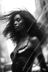 a black female model in a new york street blurry background, in the style of surreal fashion, black and white, monochrome. generative AI