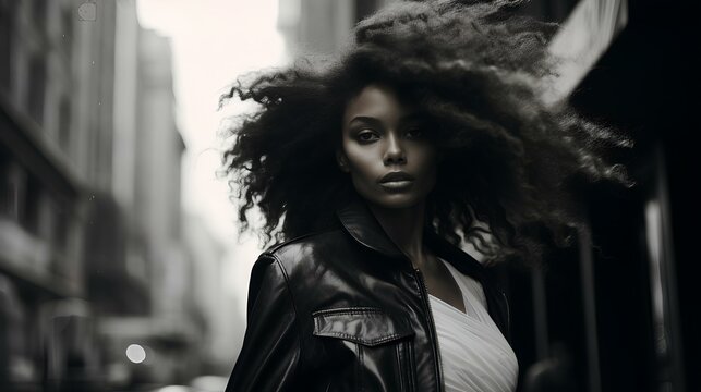 a black female model in a new york street blurry background, in the style of surreal fashion, black and white, monochrome. generative AI