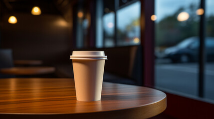 A cup of coffee on a wooden table served in a cafe. Bokeh background with light focused on coffee and table. The atmosphere outside is dark