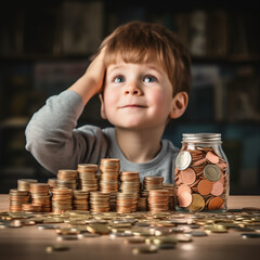 Thoughtful looking young boy behind table with stack of euro coins in front of him.