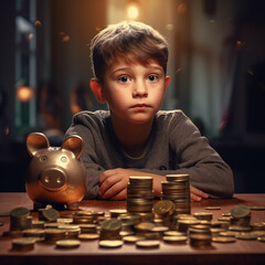 Thoughtful looking young boy behind table with stack of euro coins and piggy bank in front of him.