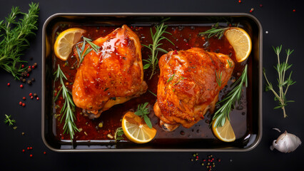 Glazed chicken thighs on a tray with sauce, lemon wedges and rosemary. Horizontal, top view.

