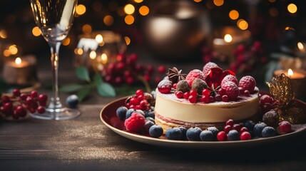 Curd cheesecake with raspberries and blueberries. Festive dessert in a plate. Sweets on a plate....