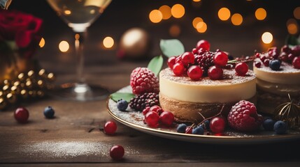Curd cheesecake with raspberries and blueberries. Festive dessert in a plate. Sweets on a plate. Bokeh of garlands - obrazy, fototapety, plakaty