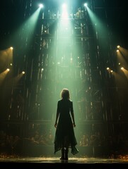 Fictional woman on stage in green spotlight with her back in the frame AI