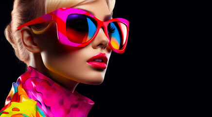 Closeup portrait of woman wearing bright retro sunglasses 