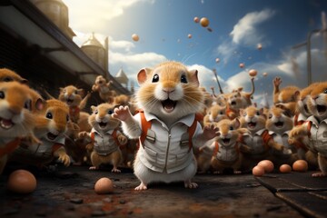  cute illustration of small animals engaged in a tennis match. They wield tiny rackets and bounce tennis balls, their determined expressions highlighti. generative ai