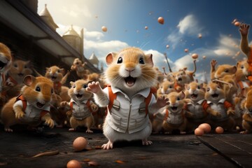  cute illustration of small animals engaged in a tennis match. They wield tiny rackets and bounce tennis balls, their determined expressions highlighti. generative ai