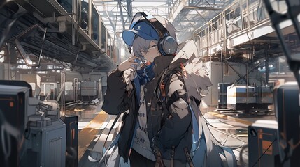 Anime male character wearing headphones surrounded by the city. Concept: Listening to music on audio media. Portable all-in-one music audio device
