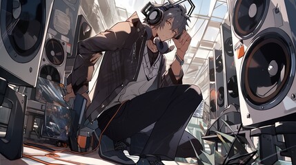 Anime male character wearing headphones surrounded by the city. Concept: Listening to music on audio media. Portable all-in-one music audio device
