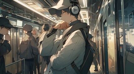 Naklejka premium Anime male character wearing headphones surrounded by the city. Concept: Listening to music on audio media. Portable all-in-one music audio device 