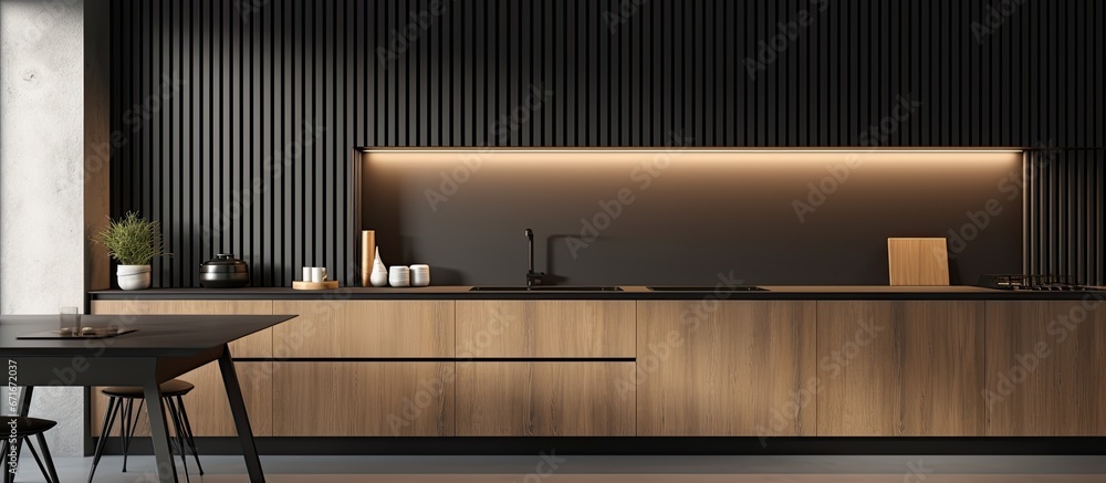 Sticker sleek kitchen with dark and wooden cabinets and large window with blinds