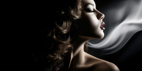 Profile of woman in chiaroscuro with white smoke swirls - obrazy, fototapety, plakaty