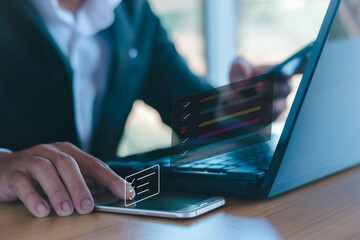 Businessmen conduct evaluations to obtain certificates, questionnaires, and online survey evaluations.