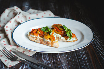 Appetizing bruschetta with grilled vegetables