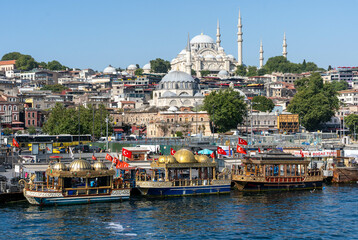Sehzade Mosque with old Boats on Bosphorus, Istanbul, Turkey