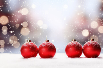 Fototapeta premium Christmas card background with red baubles and snowflakes