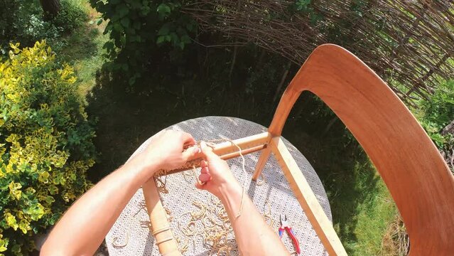 RESTORATION of a 60 Years old Teak Chair MID CENTURY Modern danish design Professional Woodworking Vintage Furniture makeover timelapse handcrafts outdoors Sanding, oiling, Braiding, weaving new seat