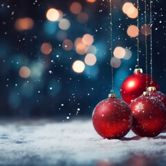 Christmas card background with red baubles and snowflakes