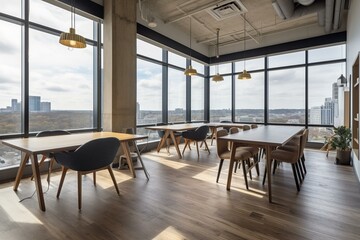 Contemporary coworking space with wood flooring, diverse furniture, city view through window, and natural light. Generative AI