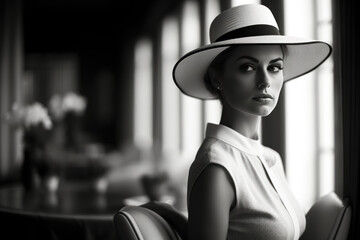 photo noir et blanc d'une modèle jeune et élégante en robe blanche et chapeau - obrazy, fototapety, plakaty