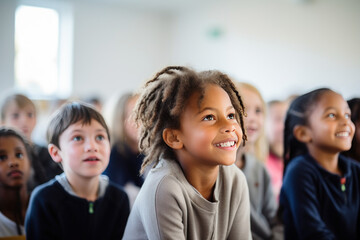 Fototapeta na wymiar portrait de jeunes enfants souriant en groupe dans leur salle de classe à l'école