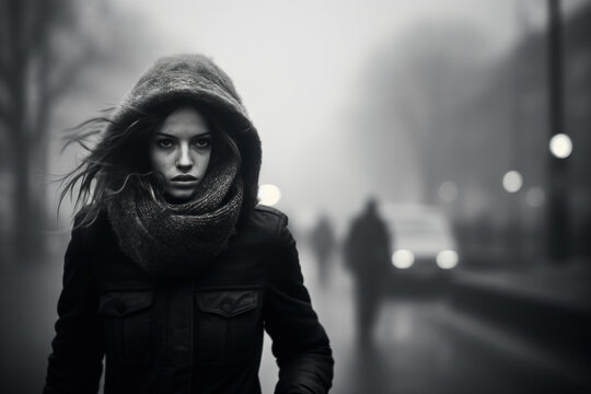 jeune femme avec veste chaude et bonnet dans la rue et le froid plein hiver