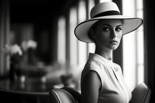 photo noir et blanc d'une modèle jeune et élégante en robe blanche et chapeau