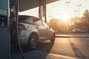 Fuel dispenser and car at sunny petrol station. Air pollution from old vehicle exhaust emissions. Generative AI