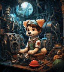 AI generated illustration of a cute cartoon puppy atop an industrial machine - obrazy, fototapety, plakaty