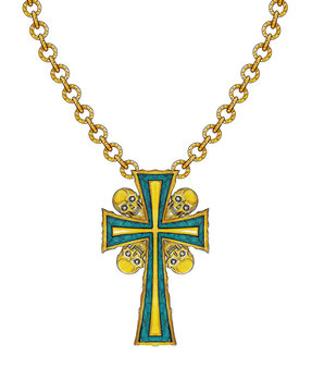 Jewelry design turquoise set with skull and cross gold necklace.