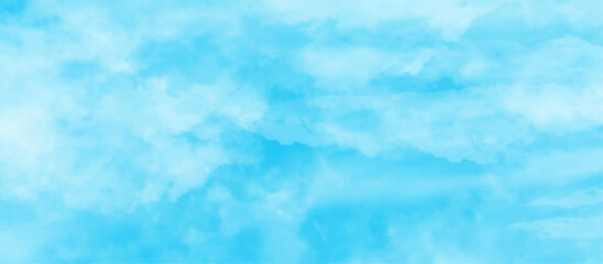 summer seasonal light sky blue watercolor background with shiny and blurry big and small clouds, Sky clouds with brush painted blue watercolor texture, small and large clouds alternating on sky.