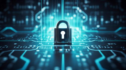 Digital padlock for computing system on dark blue background, cyber security technology for fraud prevention and privacy data network protection concept