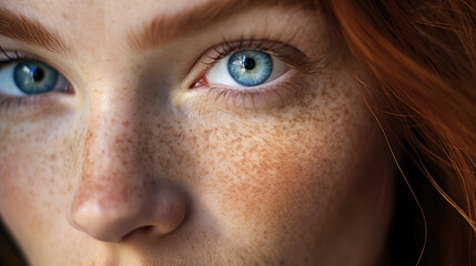 Young woman with striking blue eyes in close-up.