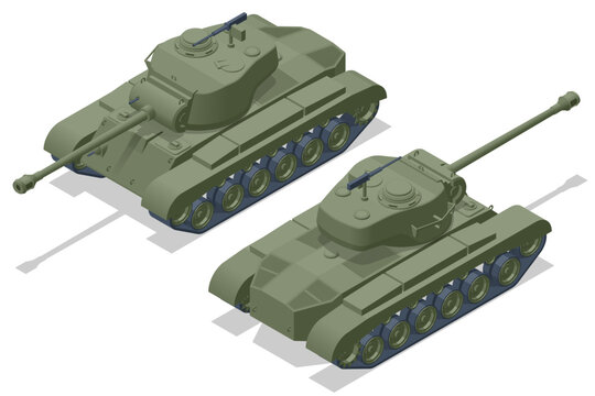 Isometric USA Tank, Medium Tank M26 Pershing. Armoured fighting vehicle designed for front-line combat, with heavy firepower