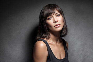 Naklejka premium Beautiful sexy brunette woman in a black bodysuit on a dark grunge background