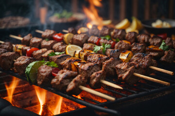Photo of shish kebab on the grill Generative AI - obrazy, fototapety, plakaty