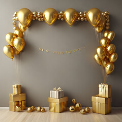 Background happy birthday with glod ballons and gift generate AI - obrazy, fototapety, plakaty