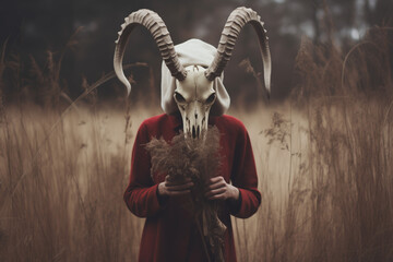 Shaman wearing in horn animal skull and red dress on blurred winter landscape. Mystical ritual of death. Sacred objects for ancient pagan rites. Slavic or Scandinavian culture ritual - obrazy, fototapety, plakaty