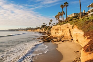 Tropical palm trees line the coastal shores of La Jolla in San Diego, California. Generative AI
