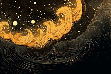 Naklejka na ściany i meble A celestial backdrop adorned by golden stars, featuring a flowing wave of gold over a black background with a sky full of stars. Generative AI