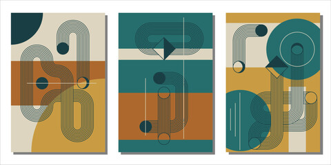 Modern boho minimalist art. Set of abstract posters with geometric shapes and zen arch bohemian silhouettes. Design for wall decor, cover, background, card, branding, wallpaper. Vector illustration.